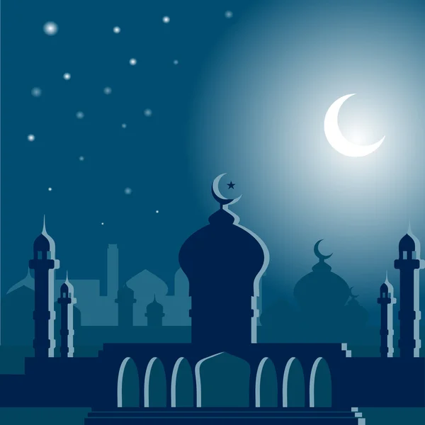 Eine Moschee mit Halbmond in der Nacht — Stockvektor