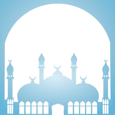 Arapça tarzda tebrik kartı. Mavi arka planda minareve Hilal ile bir Doğu kenti