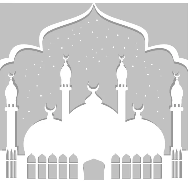 Tarjeta de felicitación en estilo árabe. Una ciudad oriental con minaretes y media luna. Blanco-negro — Vector de stock