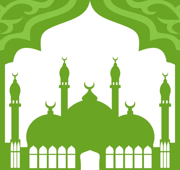 Grußkarte im arabischen Stil. eine östliche Stadt mit Minaretten und Halbmond auf weißgrünem Hintergrund — Stockvektor