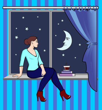 Penceredeki gece gökyüzü üzerinde oturan kadın