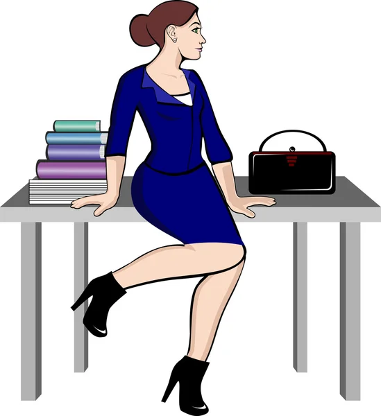 Donna d'affari sul tavolo con libri e borsetta — Vettoriale Stock