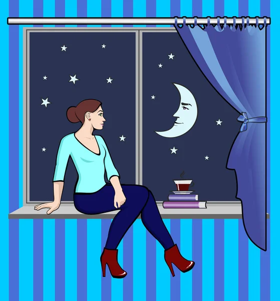Η γυναίκα που κάθεται στο παράθυρο στο νυχτερινό ουρανό — Διανυσματικό Αρχείο