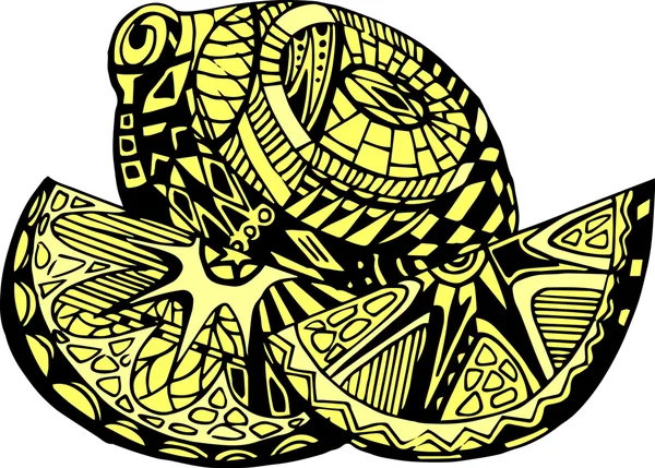 Винтажный декоративный лимон. Векторная абстракция логотипа иконка икона фруктовый дизайн элемент с декоративными узорами в черно-желтом — стоковый вектор