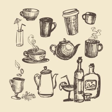 Mutfak eşyaları illüstrasyon ile ayarlayın. Sketch vektör çizim. Kupası çaydanlıklar içecekler