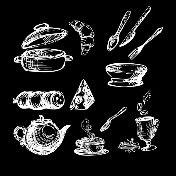 Set blanco sobre negro con ilustración de utensilios de cocina. Dibujo vector ilustración — Archivo Imágenes Vectoriales