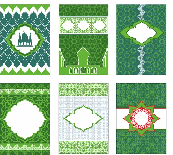 Folletos, folletos, pancartas en estilo árabe e islámico, en color verde en vector — Vector de stock
