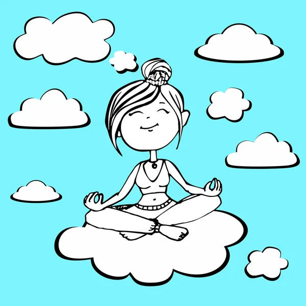 Coloração vetorial, menina yogi sentado em uma nuvem . — Vetor de Stock