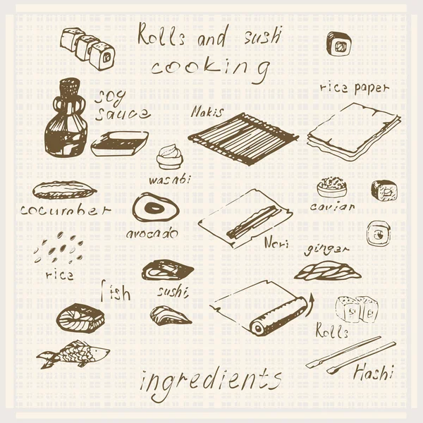 Elle çizilmiş kroki suşi roll, edin, soya sosu, yemek çubukları ve hizmet vektör