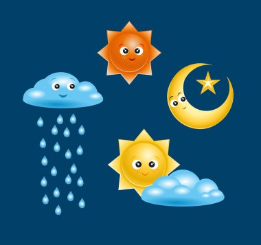 Rozetleri ve simgeler vektör çocuklar hava olayları için adları ile karakter kümesi. Internet sitesi simgeleri hava