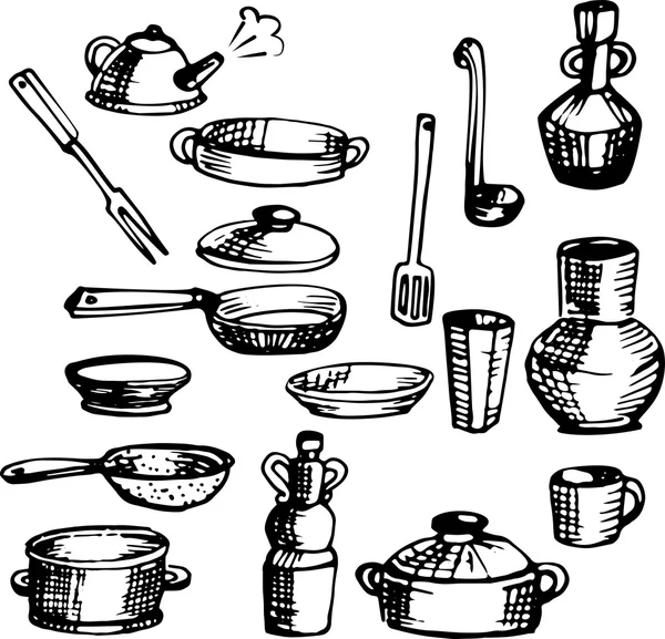 Набір ескізів посуду, кухонного начиння — стоковий вектор