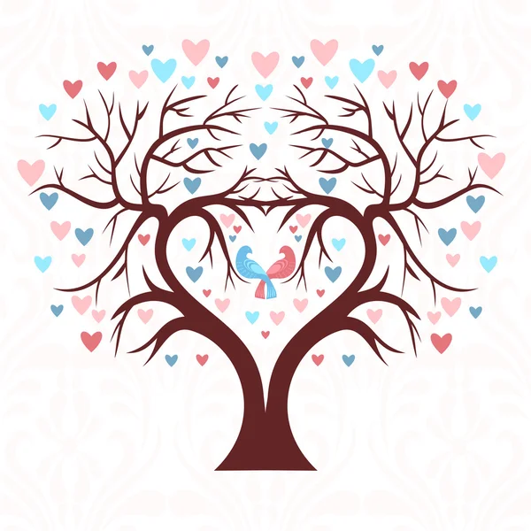 El árbol de bodas en forma de corazón con dos pájaros y corazones coloridos en una hoja — Archivo Imágenes Vectoriales