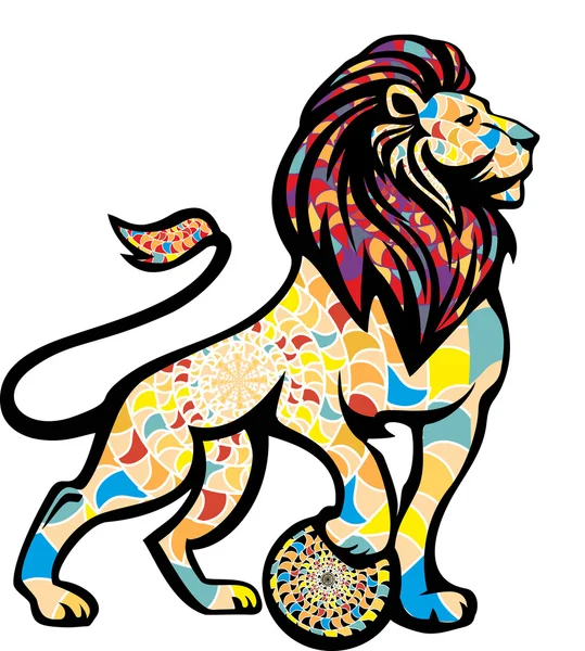 Lion with colorful ornament in full length with the ball under h — Stock Vector