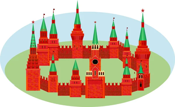 Le Kremlin rouge est en forme de cercle sur l'herbe. Forteresse avec tours et horloge — Image vectorielle