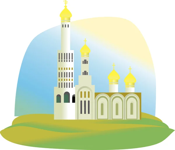 La Catedral, la Iglesia con cúpulas doradas en hierba verde — Vector de stock