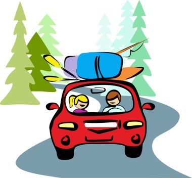 A man and a woman in red car driving on a forest road to rest. Taking your backpacks, boat, oars, fishing rod. Travel on vacation in the vector