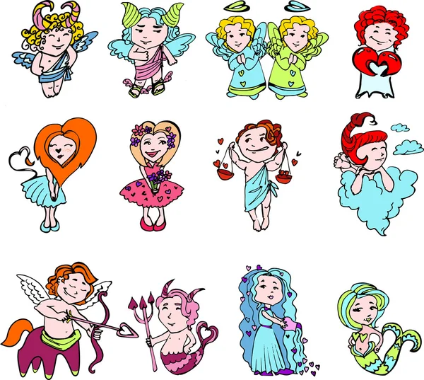Set of Cupids with hearts on Valentine's day. Festive in color zodiac signs stylized Valentine's day. Horoscope in the style of Valentine's day. The signs of the zodiac with wings and hearts. Vector