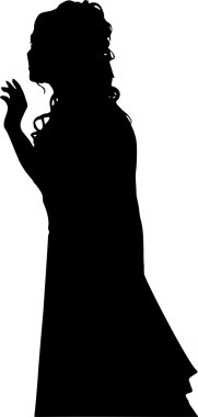 Detailed black silhouette of a young girl with beautiful hair, in a wedding dress. In full growth, isolated on white background in vector. The girl at the wedding