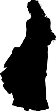 Detailed black silhouette of a young girl with beautiful hairstyle, wedding dress and with a bouquet of flowers. In full growth, isolated on white background in vector. The girl at the wedding