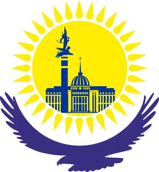 Cazaquistão. A águia, debaixo do sol amarelo. O sol com os principais edifícios da capital, vetor . — Vetor de Stock