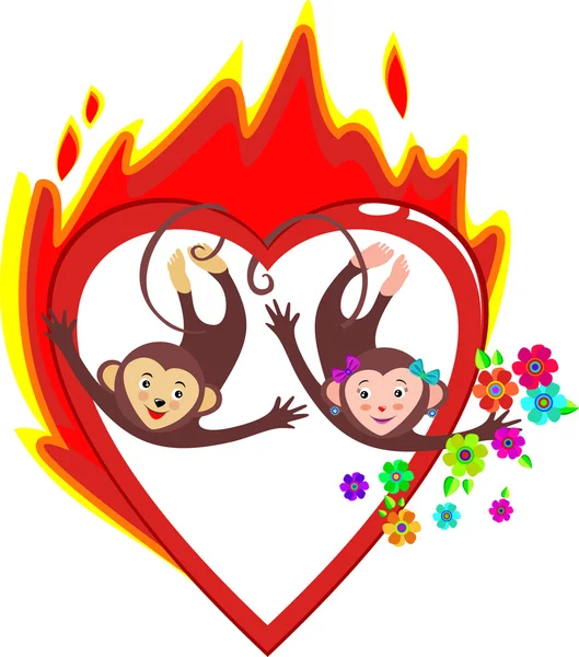 Bright red burning heart love Valentine's day. The two cute monk — ストックベクタ
