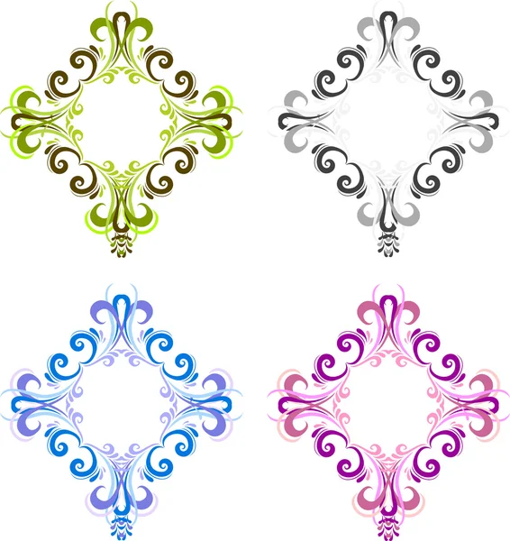 Four diamond shaped vintage frame for photos with a square in the center. Black, blue, green and pink. Ornate square frames for photo in vector — Stock vektor