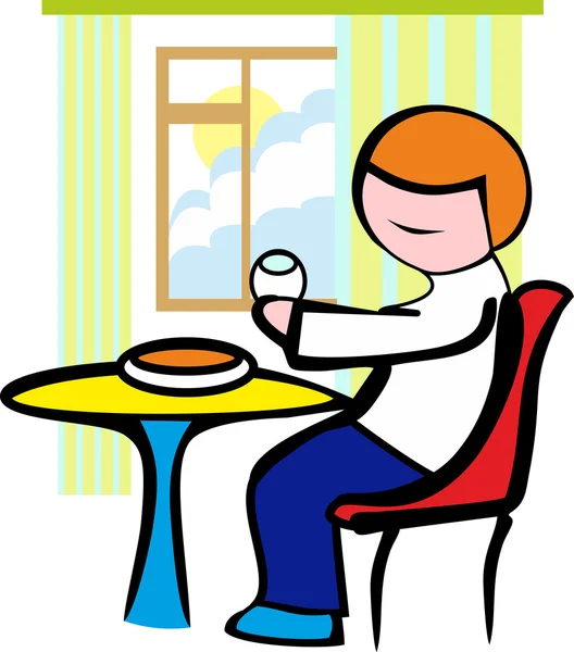 Morning Breakfast men at the table on a chair with a rising sun behind a window. Sunny morning in the vector