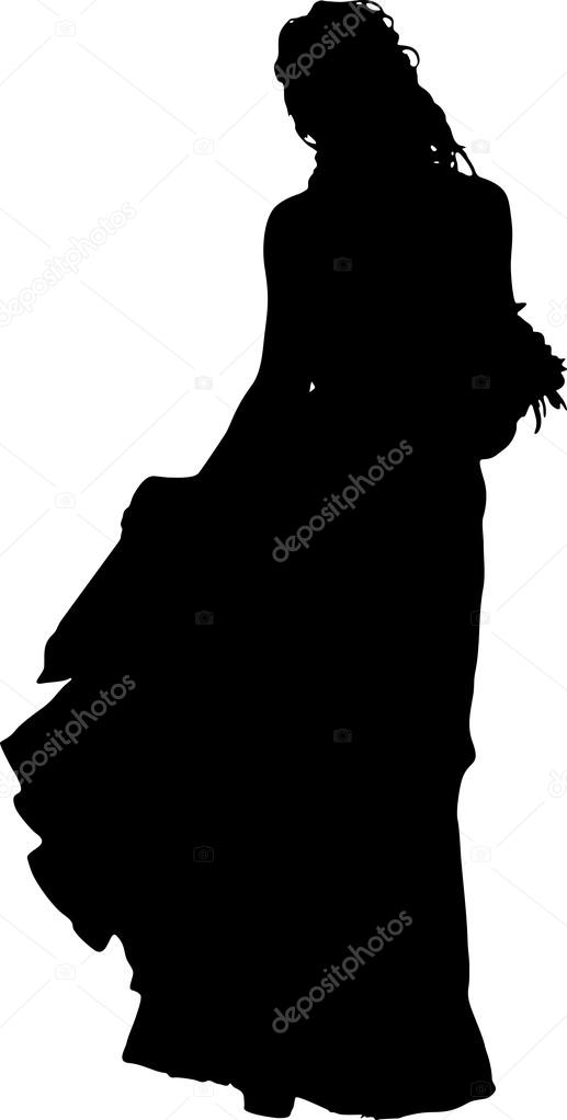 Detailed black silhouette of a young girl with beautiful hairstyle, wedding dress and with a bouquet of flowers. In full growth, isolated on white background in vector. The girl at the wedding