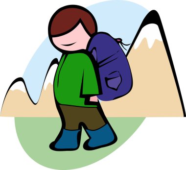 Male hiker in the green jacket with a big backpack goes to the mountain in the vector