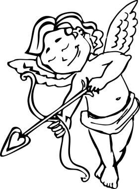 Smiling Angel Cupid with bow and arrow in black white, closeup of vector Valentine's day