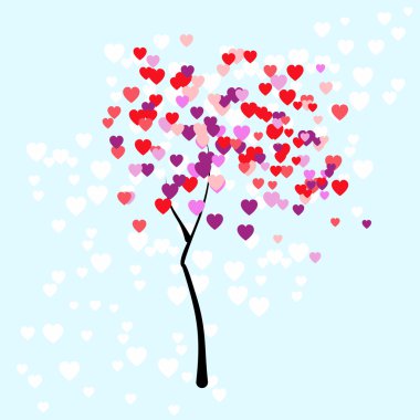 Stylised young tree on the pale blue background with leaves in the form of colorful small hearts for Valentine's day in the vector