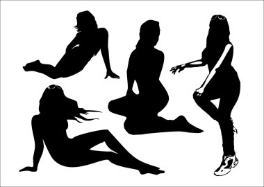 Vector set of black silhouettes of girls in sitting poses full growth. Women in elegant poses on a white background in vector format