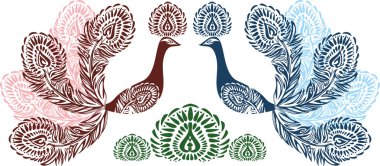 Stylized ornament texture two birds of Paradise on white background. The Firebird's. Red and blue stylized peacock feathers. Vector texture