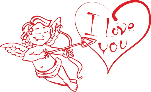 Angel Cupid com um arco e flecha disparados no coração que diz que te amo. O contorno vermelho no vetor para o dia dos namorados —  Vetores de Stock