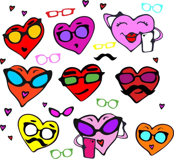 A fun set of hearts in different colors for Valentine's day. Set the hearts of hipsters with glasses, mustache. Postcard for Valentine's day. In the vector — ストックベクタ