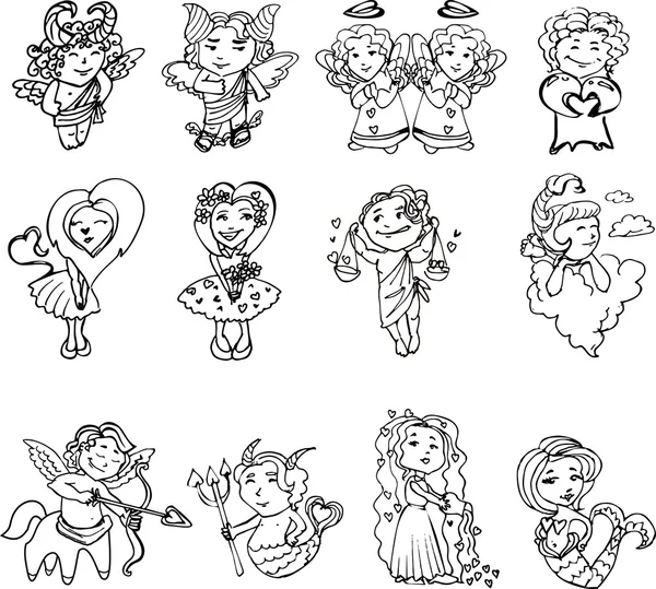 Set de Cupidos con corazones en San Valentín, en blanco y negro. Los signos del zodíaco estilizaron el día de San Valentín. Horóscopo al estilo de San Valentín. Los signos del zodiaco con alas y corazones.Vector — Vector de stock