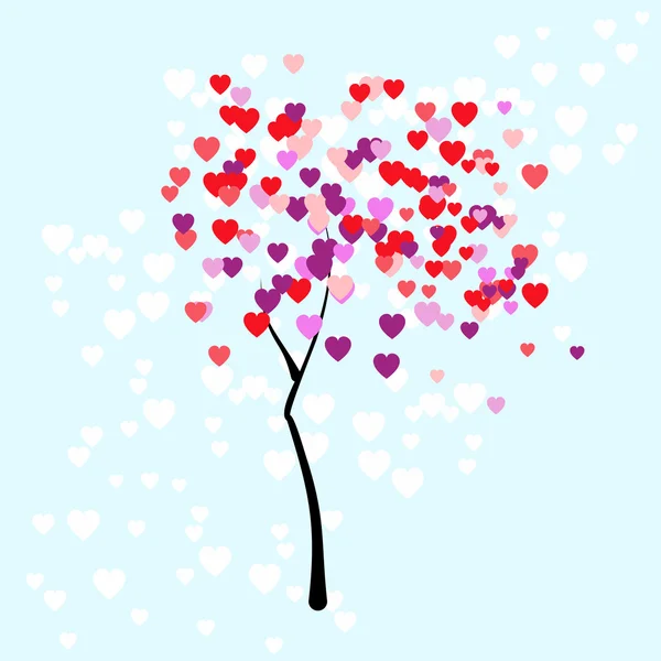 Stylised young tree on the pale blue background with leaves in the form of colorful small hearts for Valentine's day in the vector