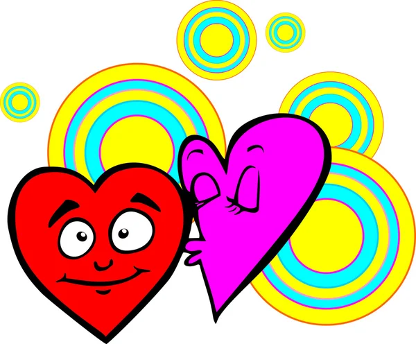 Валентина, сердце, фиолетовый скромно застенчиво целует сердце красным, на фоне цветных кругов. Открытка на День Святого Валентина. Нежная любовь. В векторе — стоковый вектор