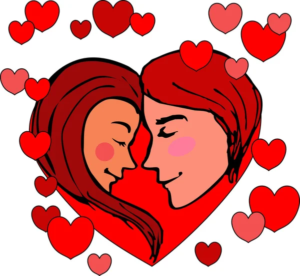 Valentine, a young man with a girl, hesitate to kiss, on the background of hearts. Young people are inscribed in the heart. Postcard for Valentine's day. Tender love. In the vector