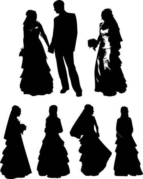 Vector set of black silhouettes of a young girl and man with beautiful hairstyle, wedding dress and with a bouquet of flowers, on a belt, on a white background in a vector. The girl at the wedding — Stockový vektor