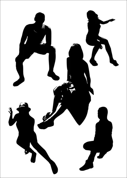 Vector set of black silhouettes of girls and man in sitting poses full growth. Women poses on a white background in vector format — Stok Vektör