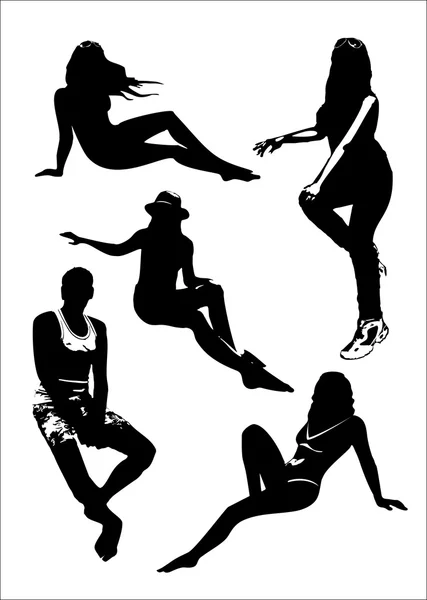 Vector set of black silhouettes of girls and man in sitting poses full growth on a white background in vector format — Stok Vektör