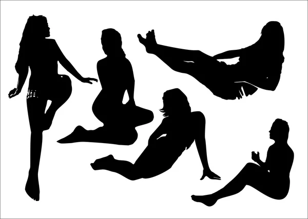 Vector set of black silhouettes of girls in sitting poses full growth. Women poses on a white background in vector format
