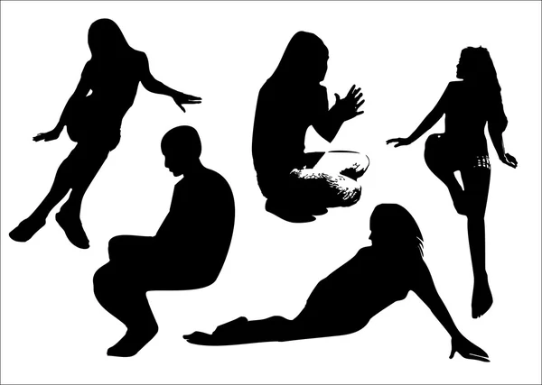 Vector set of black silhouettes of girls in sitting poses full growth on a white background in vector format — Stok Vektör