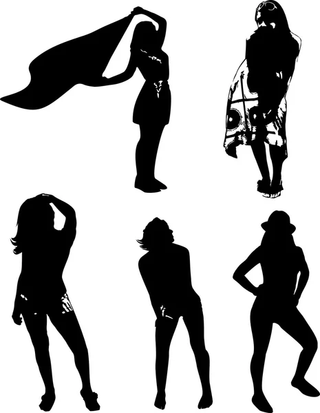 Vector set of black silhouettes of girls in various poses, standing at full height on a white background in vector format — Stockvector