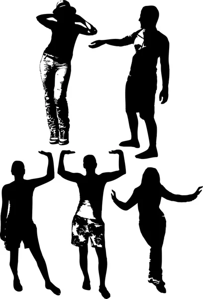 Vector set of black silhouettes of girls and mans in various poses, standing at full height on a white background in vector format — Stockvector