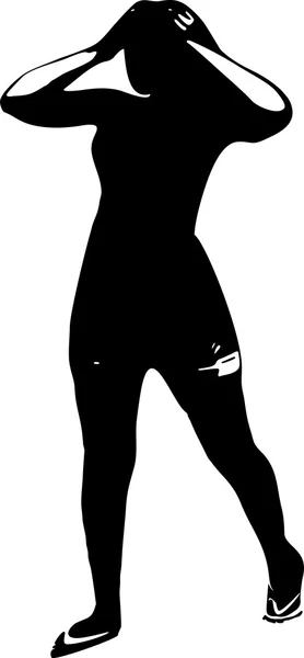 Black silhouette of a young girl in full growth, which keeps your hands behind the head, on a white background in vector format — Διανυσματικό Αρχείο
