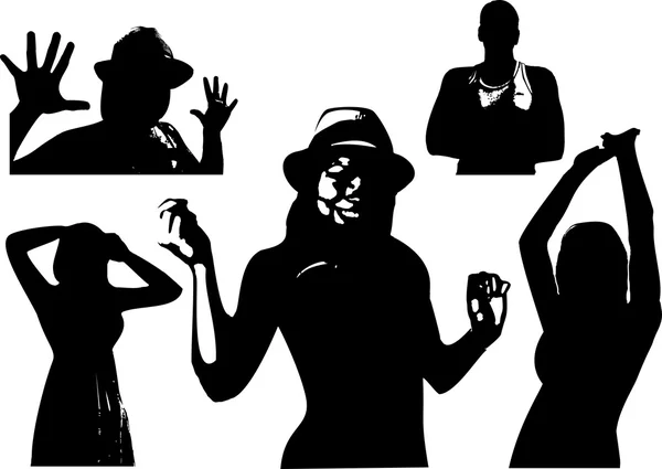 Vector set of black silhouettes of a girl and men are waist-deep in various poses with arms outstretched. Appearance to the torso on white background in vector format — Stok Vektör