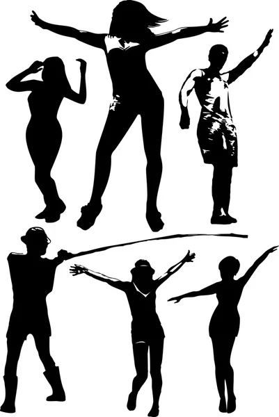 Conjunto vectorial de siluetas negras de una niña y un joven en varias poses en movimiento, la danza en pleno crecimiento sobre un fondo blanco en formato vectorial — Vector de stock