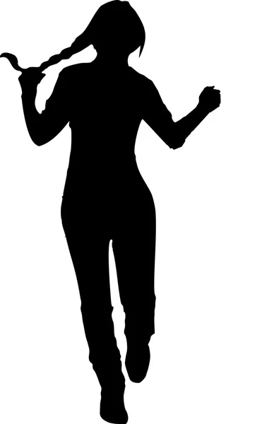 Black silhouette of a young girl in full growth, which runs forward with one hand grasping his tail, on a white background in vector format — Stok Vektör